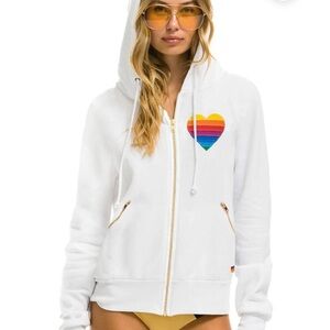 Aviator Nation White Hoodie with Rainbow Heart and Gold Zip Detail